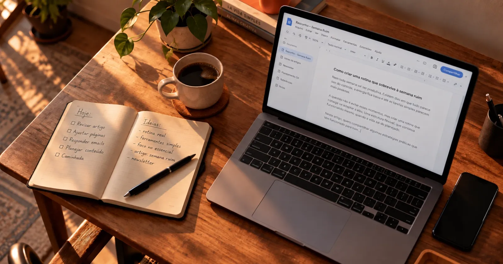 Notebook e laptop em uma mesa simples durante um momento de organização