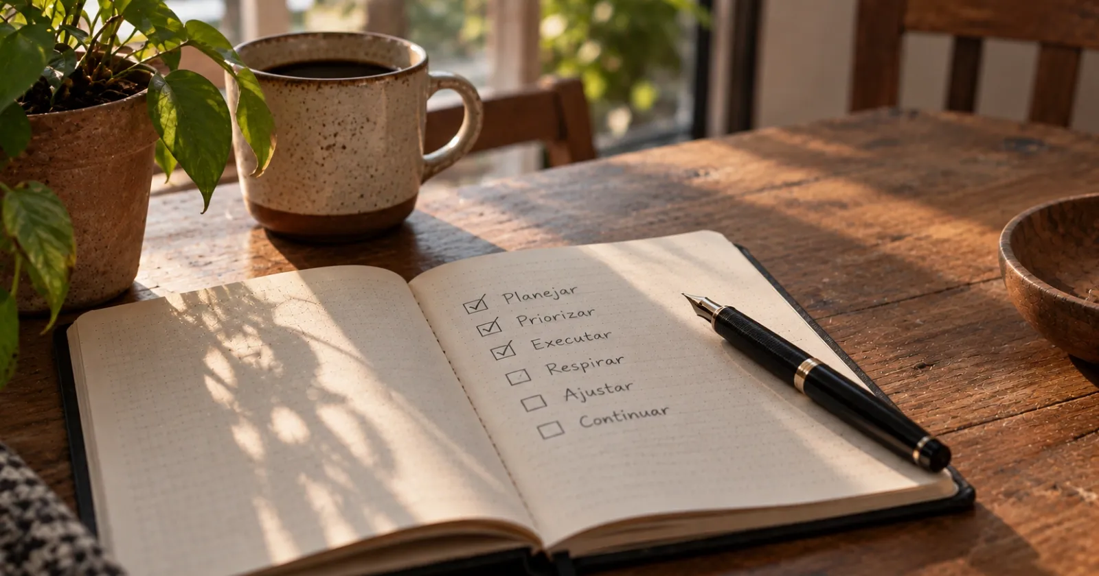 Caderno aberto com checklist para organizar o trabalho