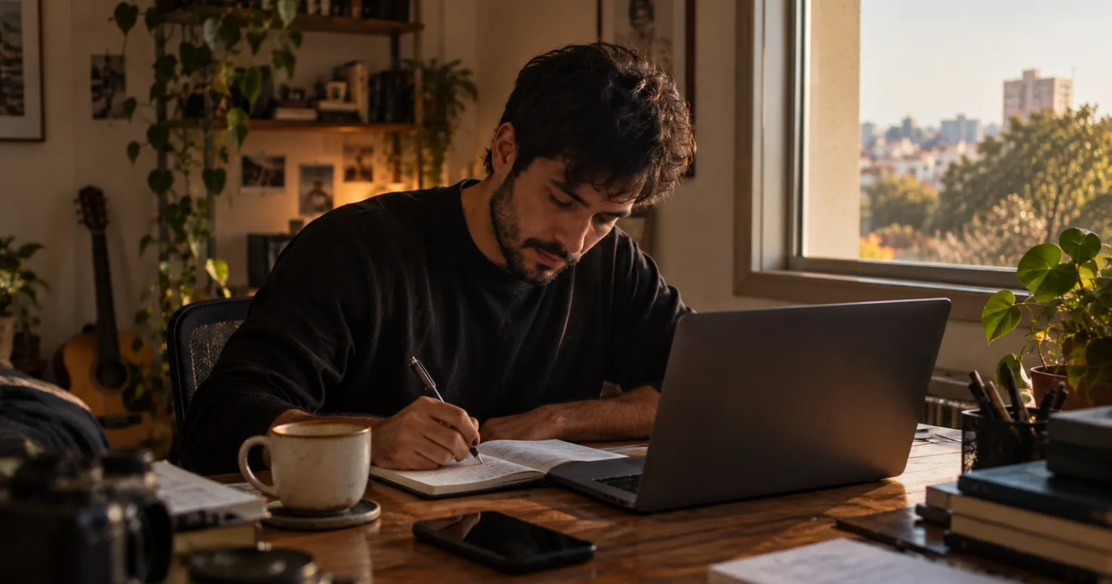 Pessoa anotando prioridades em um caderno antes de continuar o trabalho.
