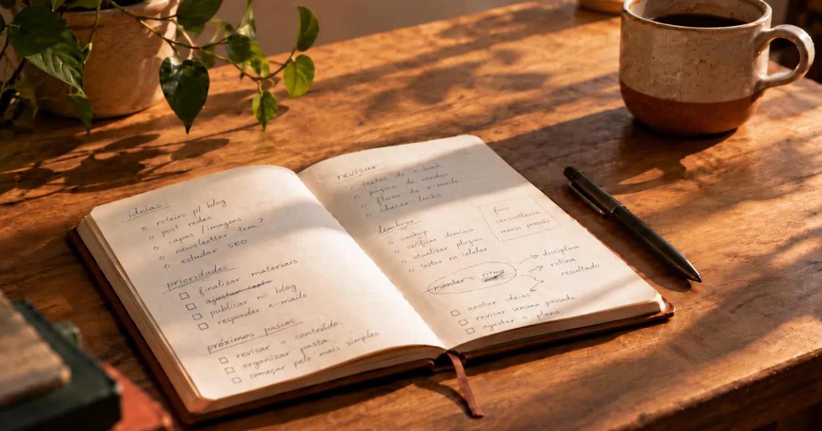 Caderno e caneta sobre uma mesa iluminada pela luz suave do fim da tarde.