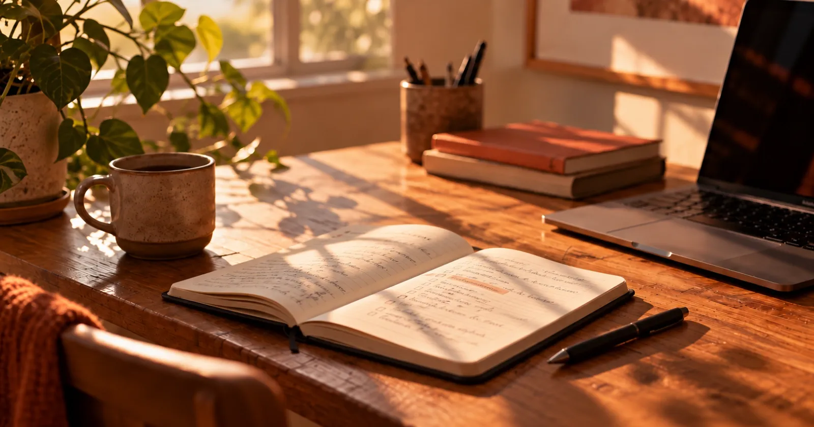 Caderno aberto com uma tarefa destacada e uma caneta sobre a mesa.