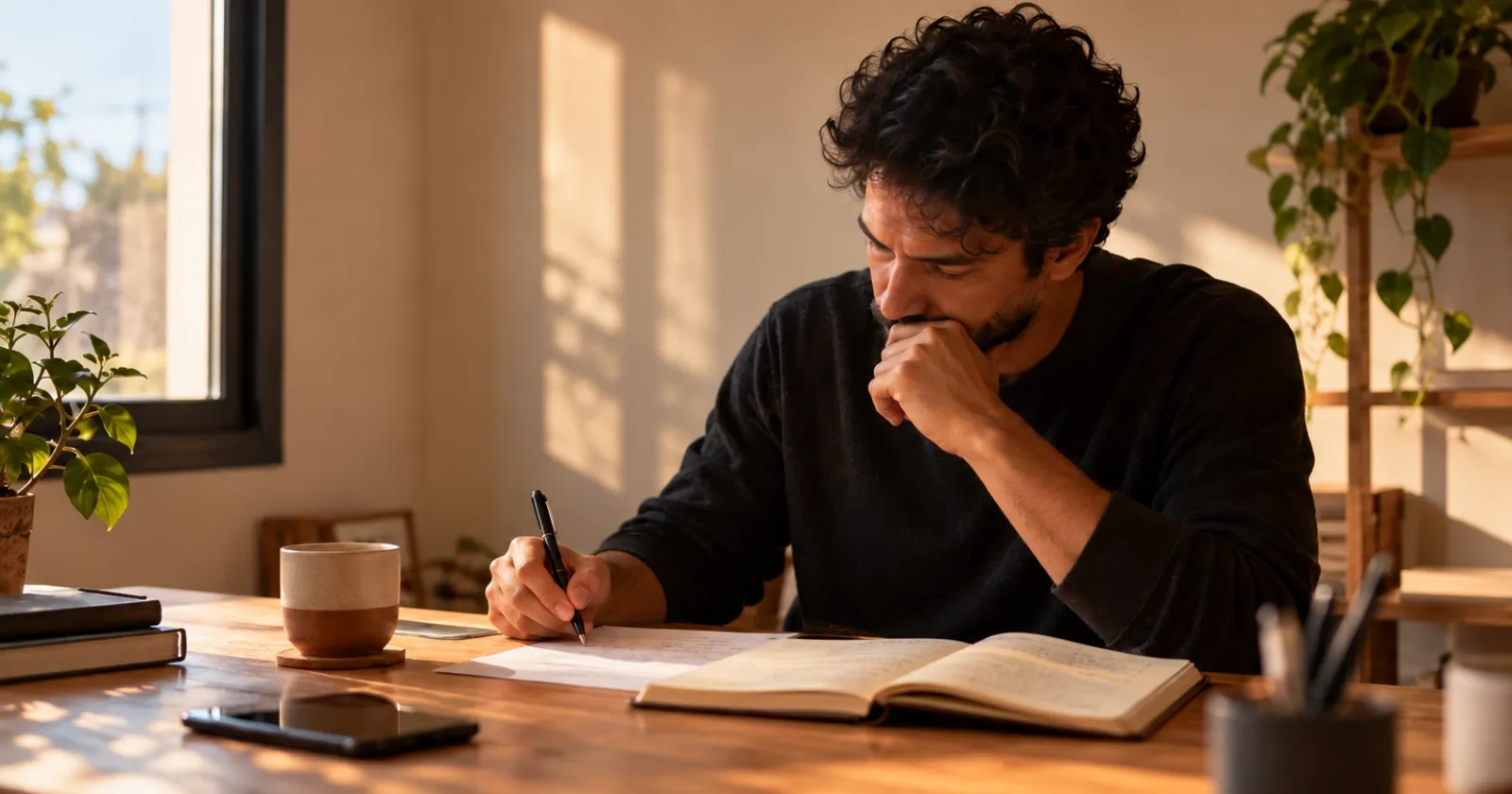 Pessoa analisando anotações em uma mesa antes de escolher uma ideia.