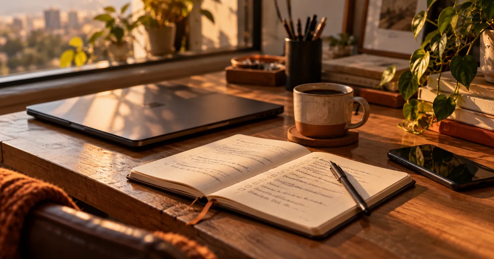 Caderno com lista de tarefas em uma mesa de trabalho minimalista.