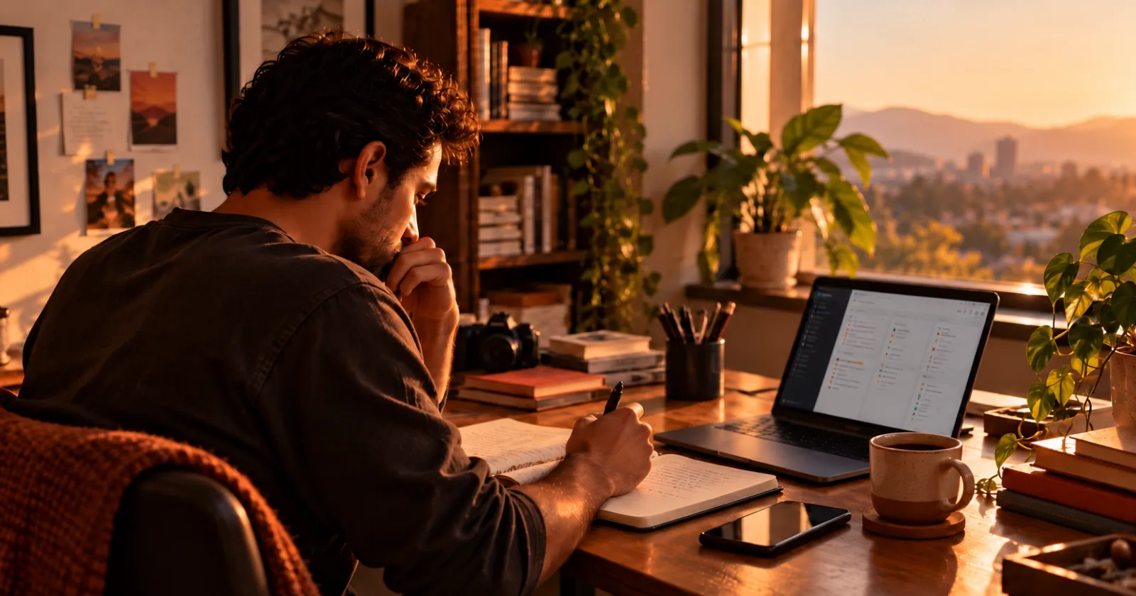 Pessoa revisando anotações e tarefas em uma mesa de trabalho.