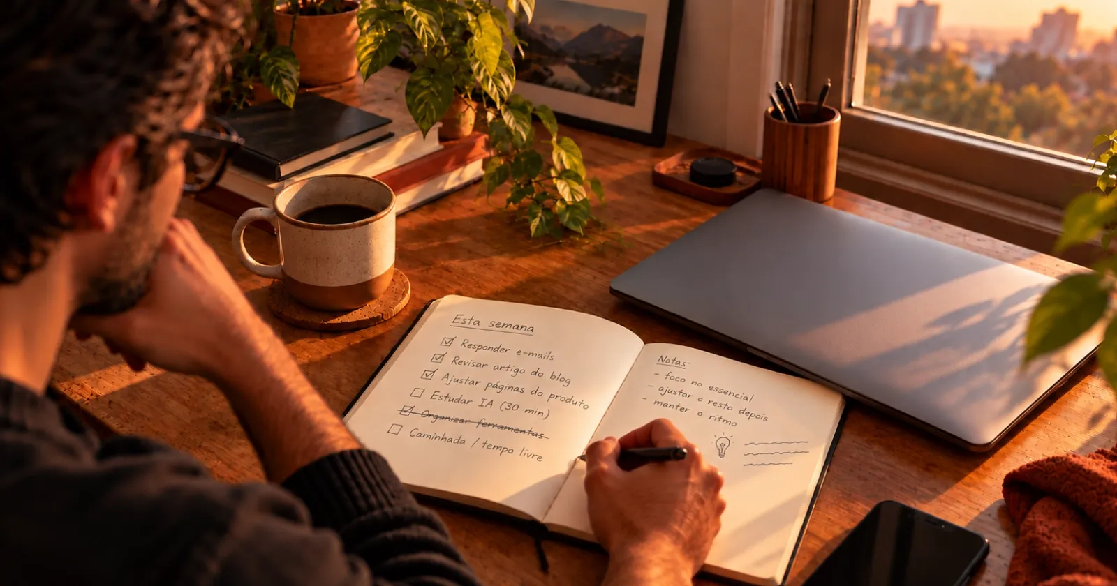 Pessoa simplificando o planejamento diário em um caderno