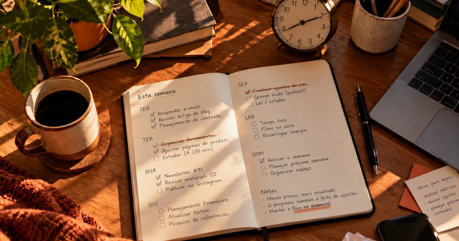 Agenda semanal com tarefas riscadas e reorganizadas