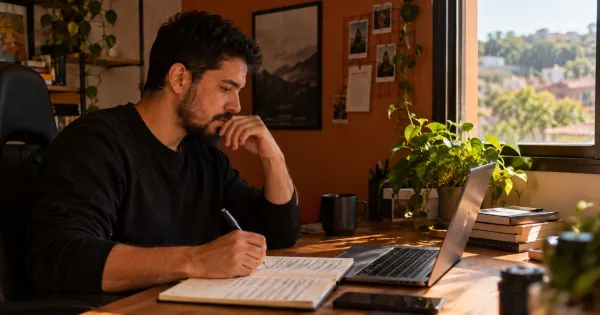 Pessoa criando em uma mesa com caderno e computador em um ambiente tranquilo