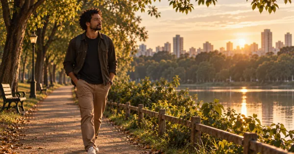 Pessoa caminhando tranquilamente por um parque ao lado de um lago ao pôr do sol.