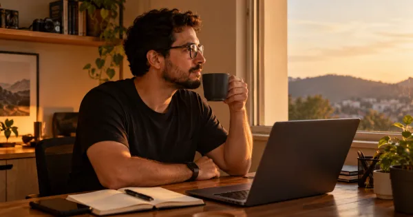 Pessoa trabalhando em um espaço simples com notebook e poucos objetos