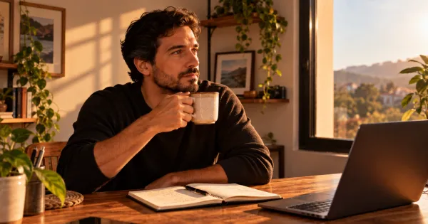 Empreendedor solo trabalhando em uma mesa organizada com luz natural.