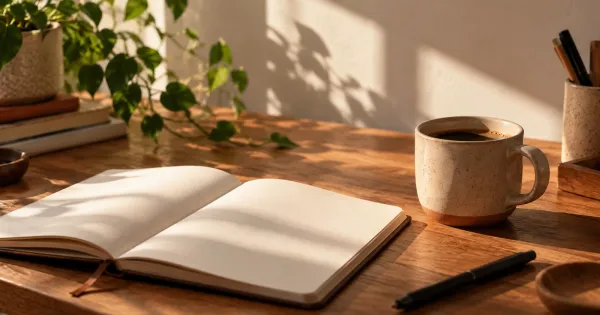 Caderno aberto e café em uma mesa de trabalho iluminada pela luz da manhã.