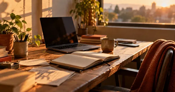 Mesa de trabalho com notebook e anotações em um ambiente de luz natural.