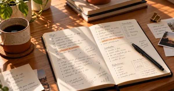 Caderno com anotações e ideias sobre uma mesa iluminada por luz natural.