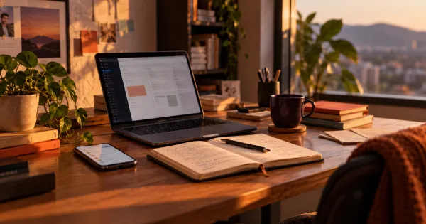 Mesa de trabalho com notebook, celular e caderno usados para organizar tarefas.
