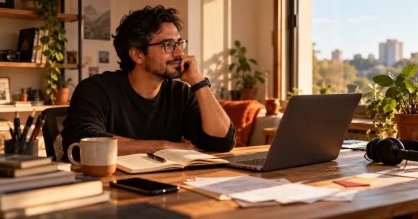 Pessoa trabalhando em uma mesa com objetos fora do lugar durante uma semana corrida